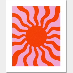 Retro Sunrays Pink Orange Sun Wavy Posters and Art